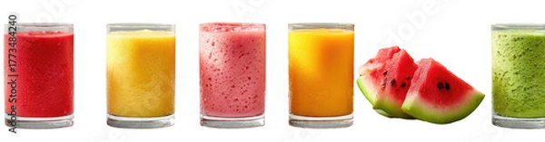 Fototapeta Assortment of colorful fruit smoothies with watermelon slices