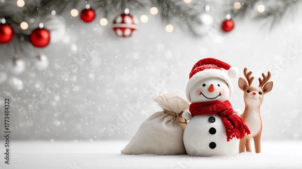 Obraz サンタクロース雪だるまとトナカイの置物