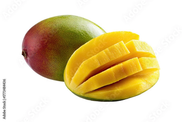 Fototapeta Ripe mango, half sliced revealing vibrant yellow flesh