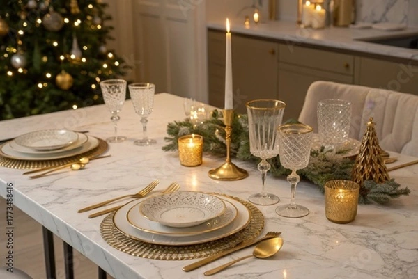 Obraz Elegant Table Setting with Gold Cutlery Crystal Glasses and Candles