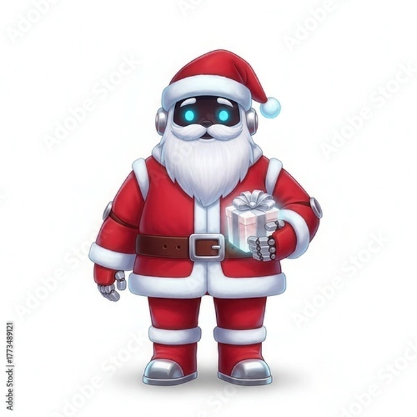 Fototapeta A cheerful robot santa claus stands isolated on white background holding a gift box