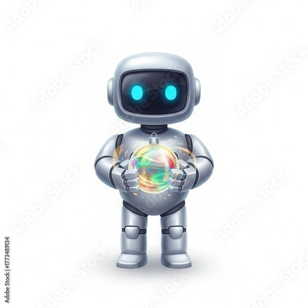 Fototapeta A cute robot holding a glowing orb isolated on white background, futuristic technology concept
