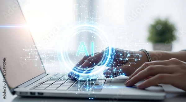 Fototapeta Woman using laptop with artificial intelligence technology for business development