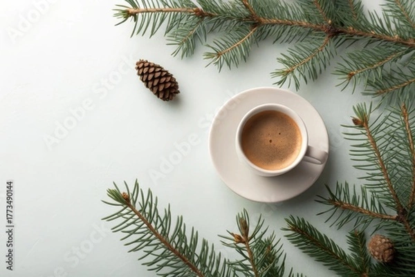 Fototapeta Minimalist coffee cup with pine branches in studio scene