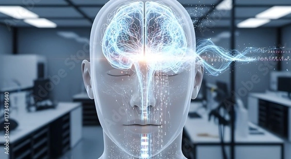 Fototapeta 3D illustration of human head with glowing brain, symbolizing artificial intelligence, digital innovation, and neuroscience technology