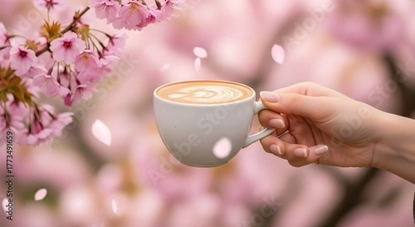 Fototapeta Elegant hand holding a coffee cup with latte art surrounded by soft pink cherry blossom flowers in a serene spring setting