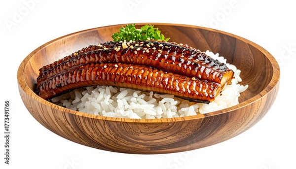 Obraz Grilled eel on rice in a wooden bowl, garnished with parsley
