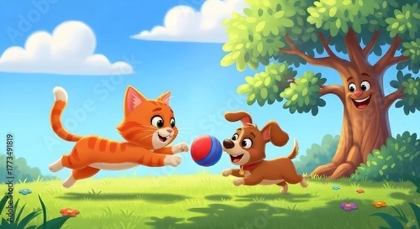 Fototapeta Cute cartoon cat and dog playing happily in a sunny park with green trees and blue sky background