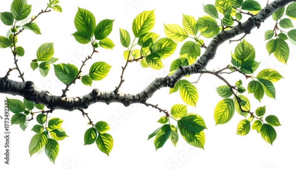 Obraz Branch covered in bright green leaves against a black background