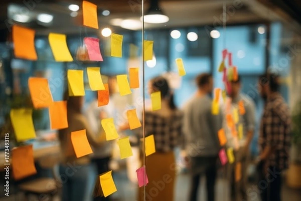 Fototapeta Group of young professionals collaborating during brainstorming session, using colorful sticky notes on glass wall in modern office.
