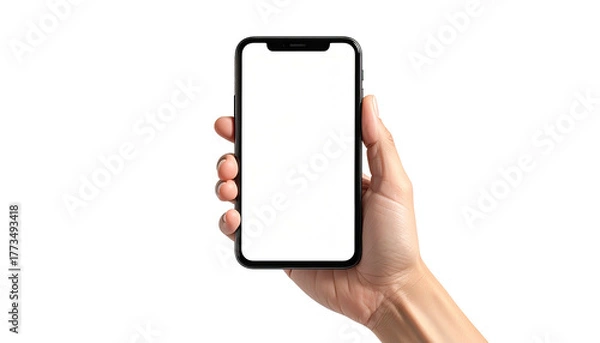 Obraz Hand holding a black smartphone with a bright white screen