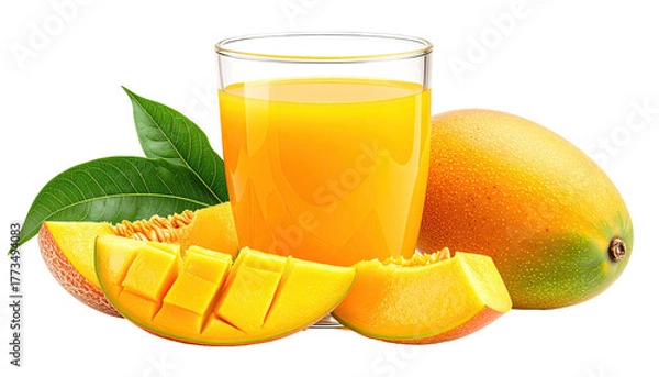 Obraz Mango juice in glass, with mangoes and sliced wedges arranged