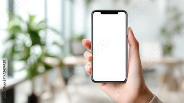 Obraz Close-up of female hand holding a modern smartphone with empty white screen, ready for app design or mockup display.
