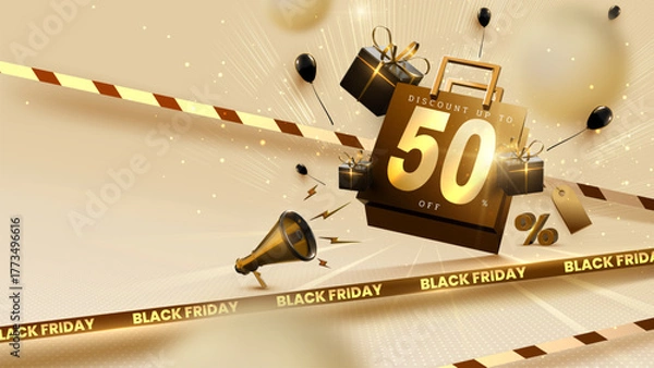 Obraz Black Friday Discount Banner Template With Warning Tape, Empty Space For Product Display And Elegant 3D Promotional Element. Luxury Background Design For Advertising Holiday.