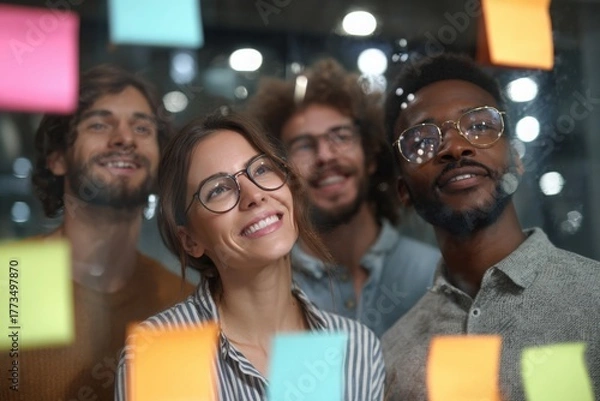 Fototapeta Group of young professionals collaborating during brainstorming session, using colorful sticky notes on glass wall in modern office.