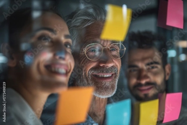 Obraz Group of young professionals collaborating during brainstorming session, using colorful sticky notes on glass wall in modern office.