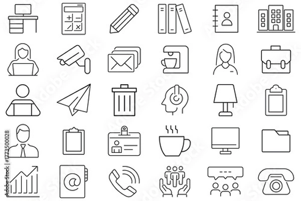Fototapeta Office and workspace icon vector set. Icon for  employee, schedule, business, computer, laptop, briefcase, desk, cctv, meeting, table lamp, coffee, co-worker symbol and more. Vector illustration.