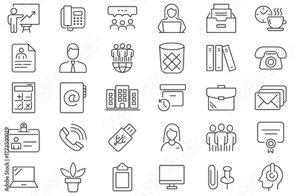 Fototapeta Workspace and office icon vector set. Icon for  employee, schedule, business, identity card, computer, laptop, briefcase, desk, meeting, pan Diep, co-worker symbol and more. Vector illustration.