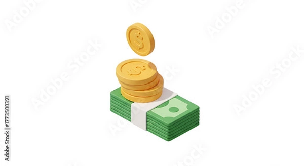 Fototapeta 3d icon of isometric illustration of a stack of money and coins isolated on transparent background for financial concept