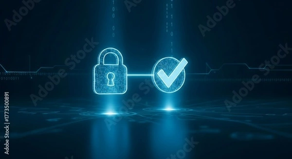 Fototapeta Cybersecurity protection concept illustration showing a secure padlock icon and a check mark on a dark blue futuristic technology background.