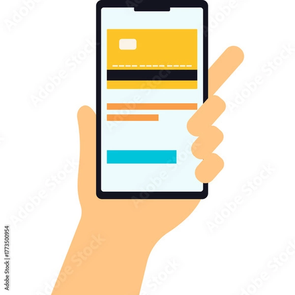 Fototapeta Hand holding a smartphone displaying a credit card and payment interface with a yellow and blue color scheme isolated on a transparent background