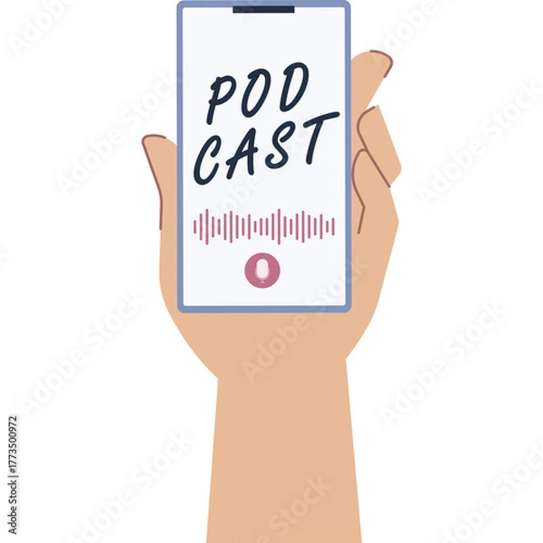 Fototapeta Hand holding a smartphone displaying the word podcast and audio wave illustration with a play button on a transparent background