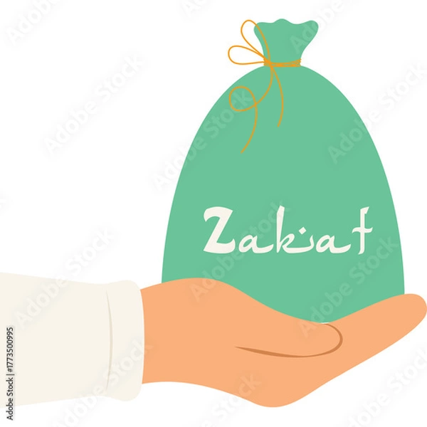 Fototapeta Hand Holding A Teal Money Bag With The Word Zakat Written In White In A Transparent Background