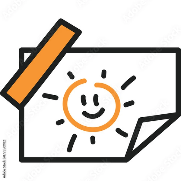 Fototapeta Hand Drawn Simple Sun with Smiling Face on White Paper Attached with Orange Tape Isolated on Transparent Background