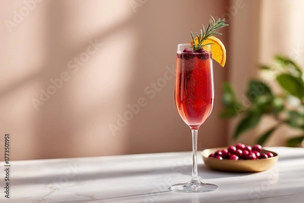 Fototapeta Sparkling cranberry orange cocktail with garnish on elegant marble surface