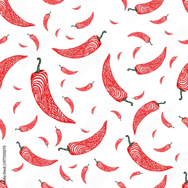 Fototapeta Seamless pattern with hand drawn red hot chili pepper on a white background. Vector swatch.