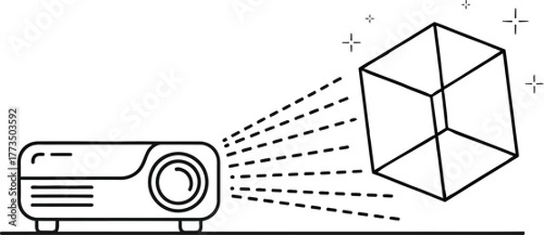 Fototapeta Minimal line art illustration of 3D projection with projector and holographic cube on white background