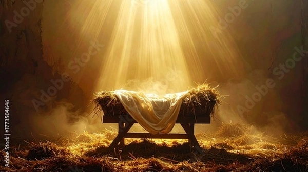 Fototapeta Inside the cave with empty wooden manger. Birth of Jesus Christ.