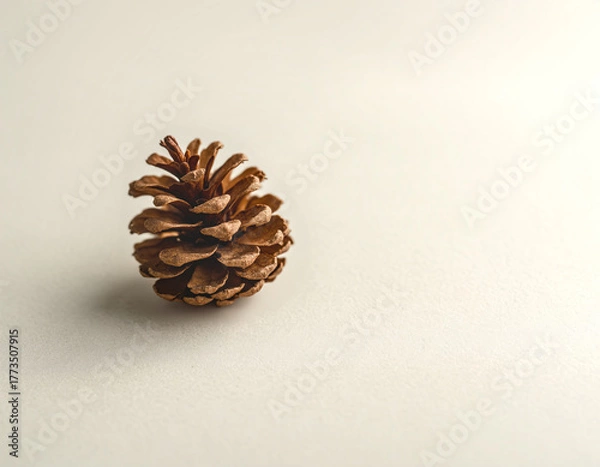 Fototapeta Minimalist flat lay winter background with a single pine cone on neutral copy space. Perfect for seasonal branding, mockups, invitations, or text overlay.