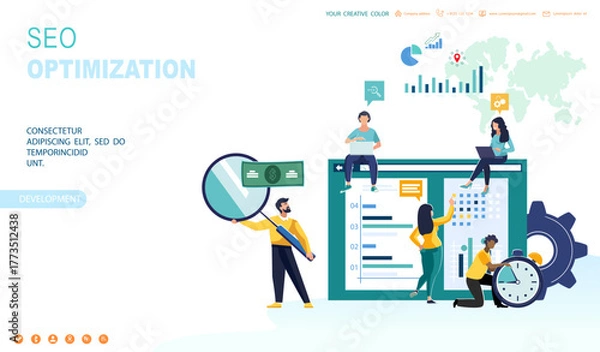 Obraz Banner. Monitor on which people take notes, clock. Business presentation, businessmen, Europeans and African Americans, workers. Teamwork, analysis of the financial market, design. Vector illustration