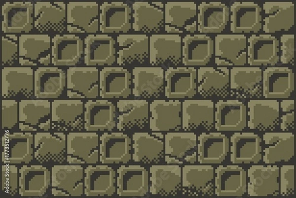 Obraz 2D Brick Wall Texture. Grungy 8-bit pixel art background featuring a seamless pattern of dark green, rough stone wall blocks. Ideal for retro game environments, digital art, game asset, background