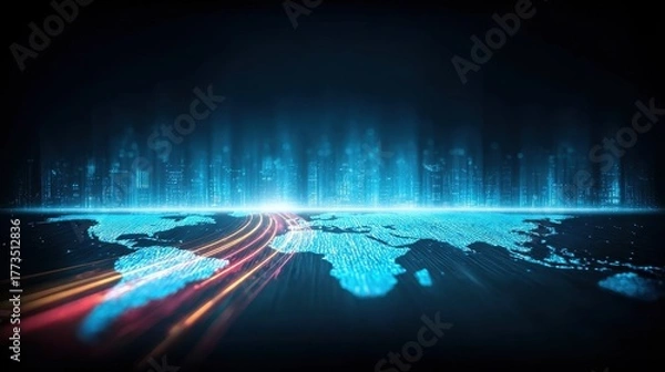 Fototapeta Network schematic turned artwork: glowing ethernet lines, evolving segments, datacenter matrix, firewalls pulsing with life in a vision of the future