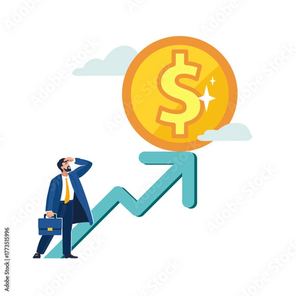 Obraz Business. Businessman financial expert analyzes growth of financial market. Green arrow up on it gold dollar coin, money growth. Concept of investment, people. Profit growth banner Vector illustration