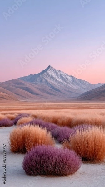 Obraz Serene Misty Conical Mountain Peaks With Snow Under A Soft Pink Sky And Vibrant Desert Scrub In The Foreground Landscape Photography