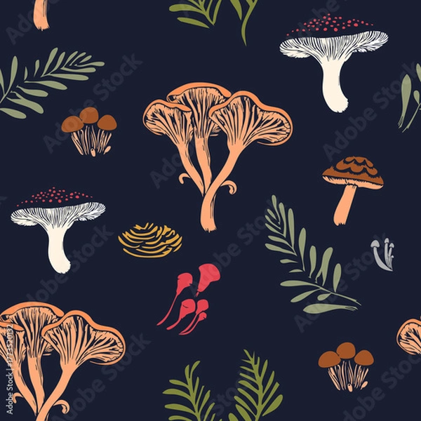 Fototapeta Seamless pattern of autumn mushrooms herbs and leaves in warm earthy tones