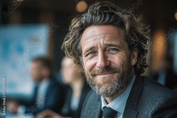 Fototapeta Mature and younger professionals collaborate in the office, with an older leader leading the way, emphasizing teamwork across generations.