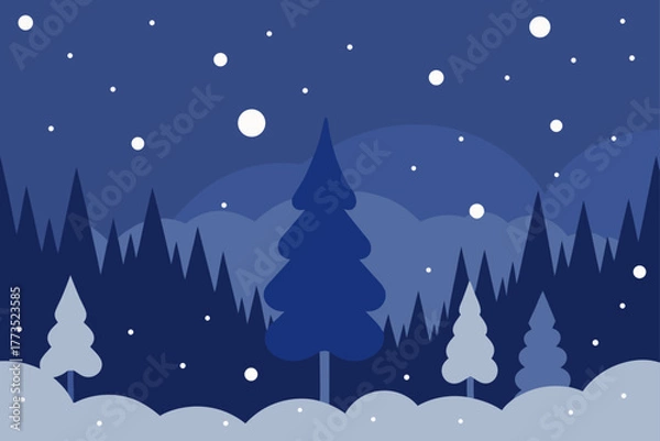 Obraz Stylized vector illustration of a dark blue winter night forest landscape with silhouettes of pine trees and falling snow, creating a peaceful, cold seasonal scene