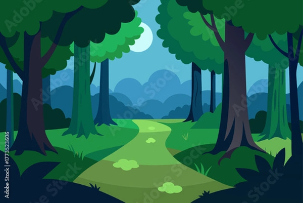 Fototapeta Stylized vector illustration of a winding forest path lit by the full moon at night, surrounded by towering trees, depicting a mystical or tranquil woodland landscape.