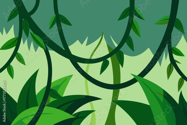 Fototapeta Lush green tropical jungle vector background illustration featuring dense rainforest foliage, hanging lianas, climbing vines, and layered exotic plants