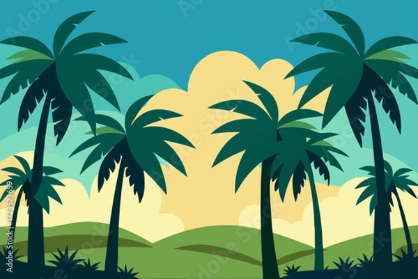 Fototapeta Tropical palm tree forest landscape illustration in flat graphic vector style with vibrant sunset colors showcasing an exotic island getaway scene and rolling green hills.