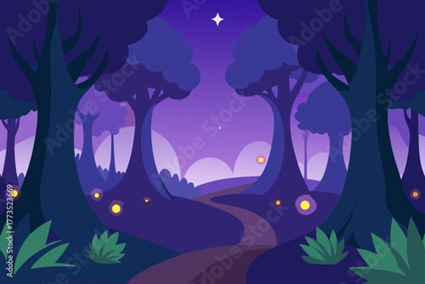 Obraz Nighttime forest landscape flat vector illustration with winding path through magical purple woods under a starry sky featuring stylized trees and glowing fireflies