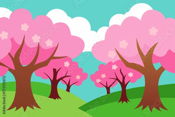 Obraz Spring landscape illustration featuring vibrant pink cherry blossom trees and green rolling hills under a bright turquoise sky with fluffy white cartoon clouds, depicting nature and blooming season