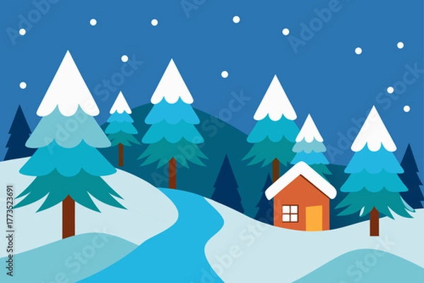 Obraz Cozy winter landscape illustration featuring a small wooden cabin nestled among snowy evergreen pine trees, winding path, and falling snow under a serene blue night sky.