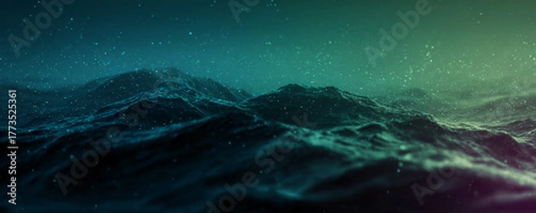 Obraz Abstract wavy ocean surface with glowing particles under a starry night sky