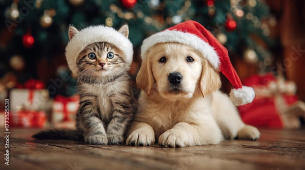 Fototapeta Cute kitten and golden retriever puppy wearing festive hats sit together in front of beautifully decorated Christmas tree, radiating joy and holiday spirit