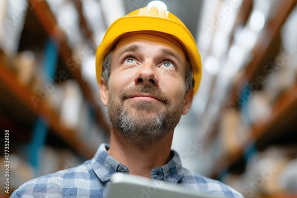 Obraz A man in a yellow hard hat looks up thoughtfully in a warehouse filled with shelves of supplies.